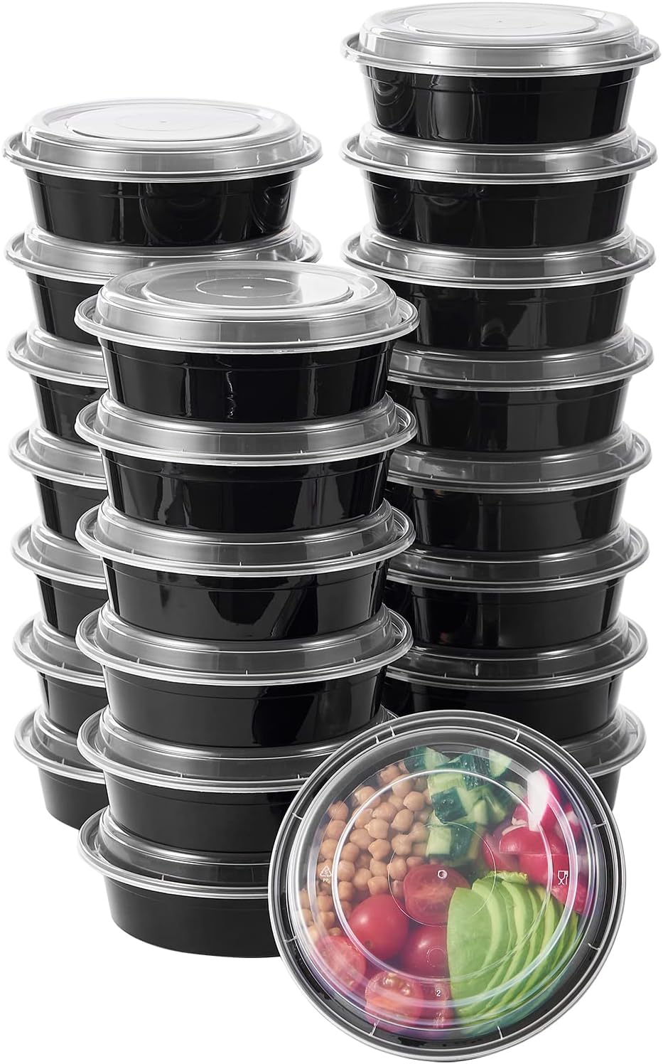 FULING 24 oz 50 ct Round Meal Prep Food Storage Containers with Lids To Go Plastic Lunch Plan Box Disposable Take Out Bowls Black BPA Free Reusable Durable Stackable Microwave Freezer Dishwasher Safe