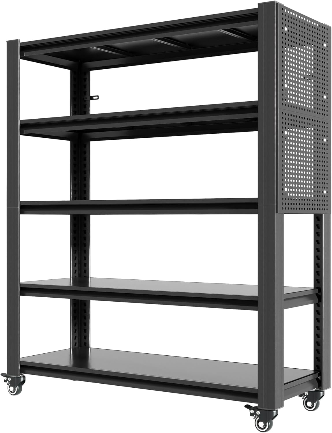 78" H 5-Shelf Metal Storage Shelves, 2000 lbs Garage Shelving Unit with Pegboard, Adjustable Industrial Heavy Duty Storage Rack with Wheels, 47.2" W x 18" D for Pantry Basement, Black