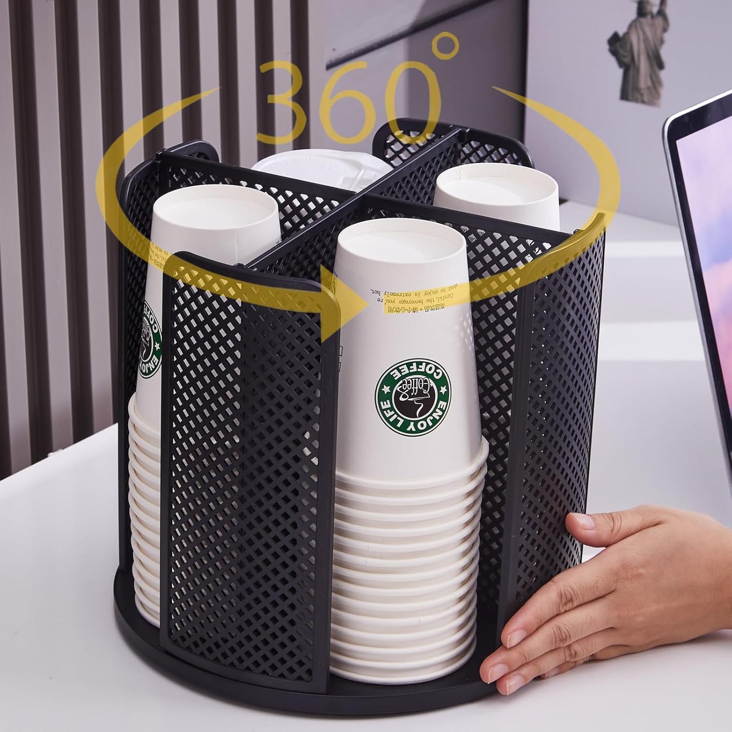 Coffee Cup Dispenser, Disposable Paper Cup and Lid Holder 360° Rotatable with 4 Compartments,Can Stacking 3-16oz Cups and Lid Holder for Coffee Shop,Home Countertop,Office,Restaurant,Kitchen