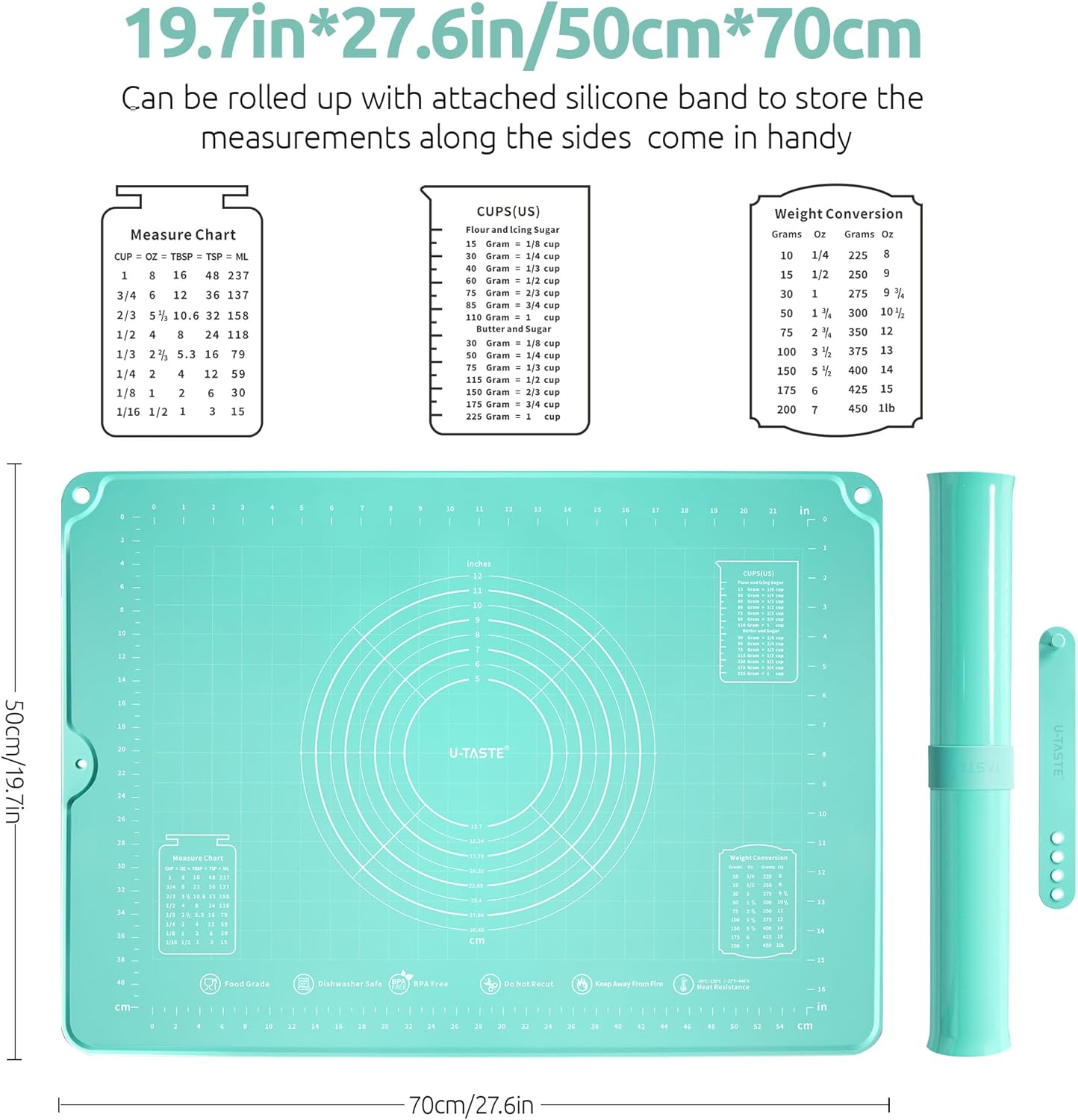U-Taste 28"x20" Large Pastry Mat: Food-Grade Liquid Silicone Dough Rolling Baking Sheet, Non-Stick Non-Slip for Kneading, Making Pizza, Fondant, Pie with Clear Measurement and Raised Edges (Aqua Sky)