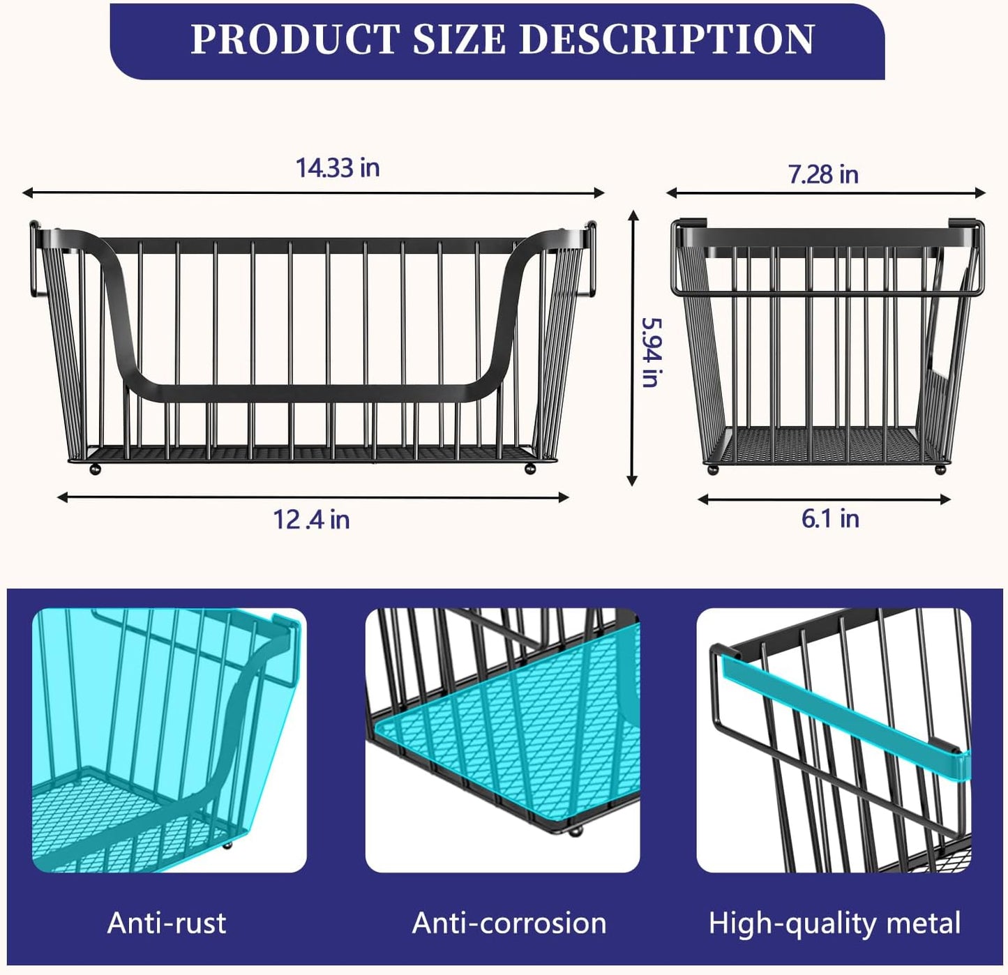 Enhanced Leak-Proof Bottom Stackable Wire Baskets, 5 Pack Pantry Organizers and Storage, pantry storage，Shelf Baskets, Fruit Basket, Potato and Onion Storage Bins，(Black)