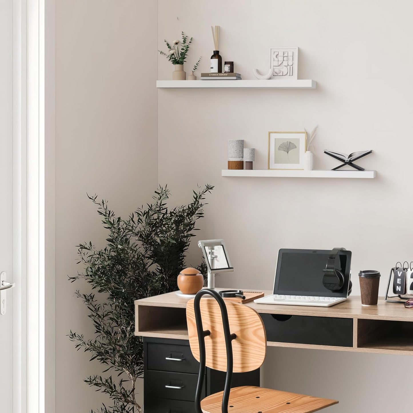 Colima Floating Shelves for Wall White Wood Shelf for Bedroom, 36 Inch Wall Mounted Floating Shelves for Bathroom Living Room Kitchen Office, 1.3" Thick Floating Book Shelves for Wall, Set of 2