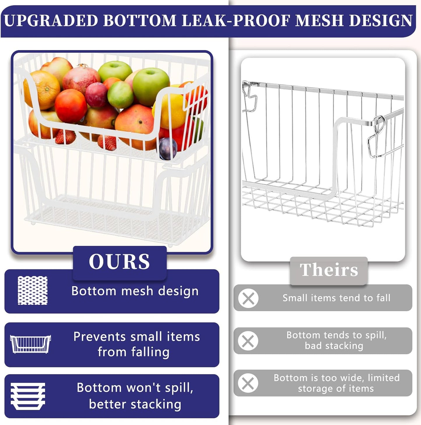 Enhanced Leak-Proof Bottom Stackable Wire Baskets, 5 Pack Pantry Organizers and Storage, pantry storage，Shelf Baskets, Fruit Basket, Potato and Onion Storage Bins，(White)