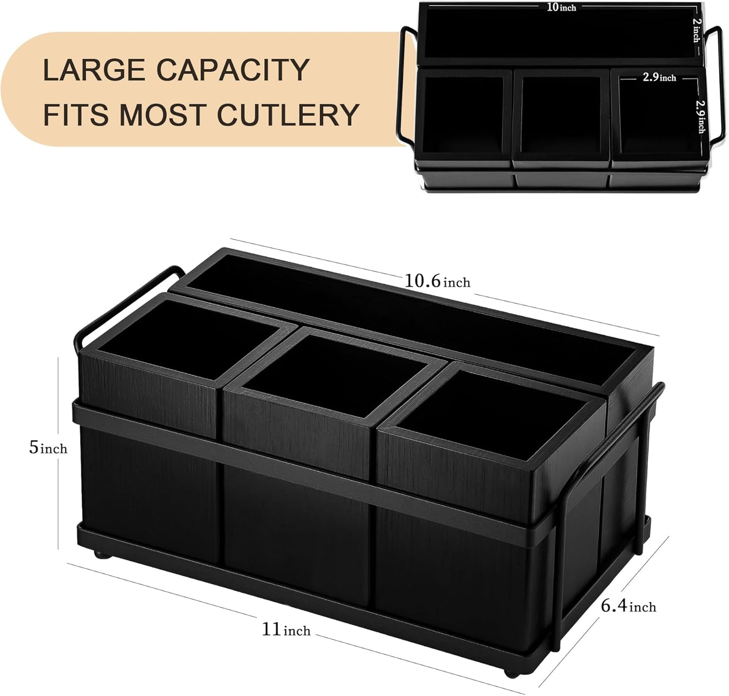 PTSTING Silverware Caddy Black Wood Silverware Holder Paper Plate Dispenser Utensil Caddy Cutlery Flatware Organizer Box for Spoons Forks Plates Napkins