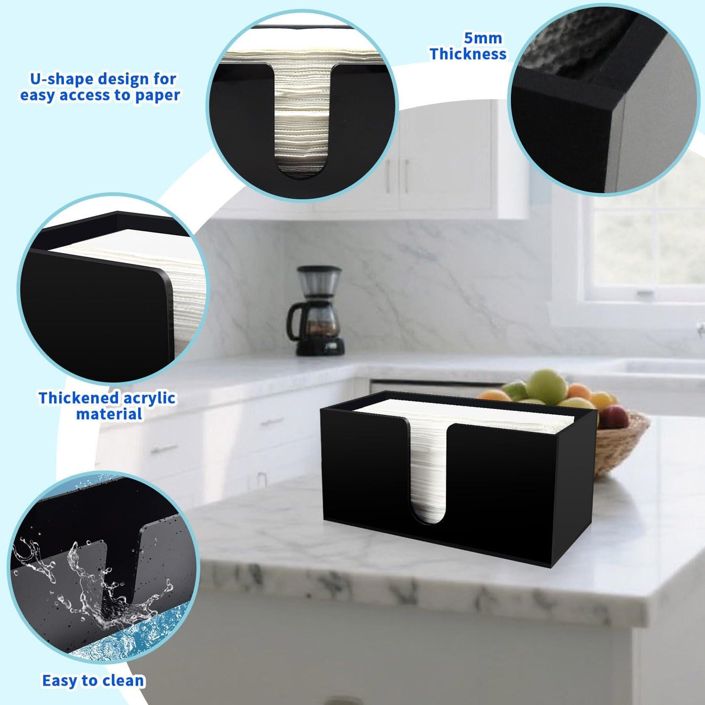 Paper Towel Holder for Countertop,Black Acrylic Napkin Dispenser-Multifold/C-Fold/Z-Fold Trifold Paper Towel Dispenser for Bathroom Kitchen Restaurant Toilet - Durable 5mm Thick(2)