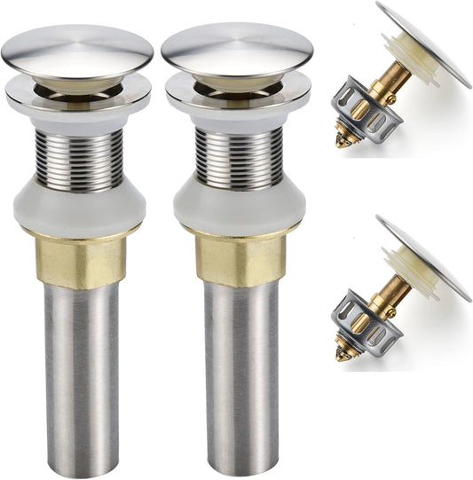 Bathroom Sink Drain,2 Pack Drain Stopper Bathroom Sink Without Overflow,Pop Up Drain Assembly with Detachable Strainer Basket,Built-in Anti-Clogging Strainer,Stainless Steel Brushed Nickel