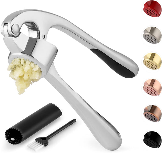 Zulay Kitchen Premium Garlic Press Set - Rust Proof & Dishwasher Safe Professional Garlic Mincer Tool - Easy-Squeeze, Easy-Clean with Soft, Ergonomic Handle - Silicone Garlic Peeler & Brush (Chrome)