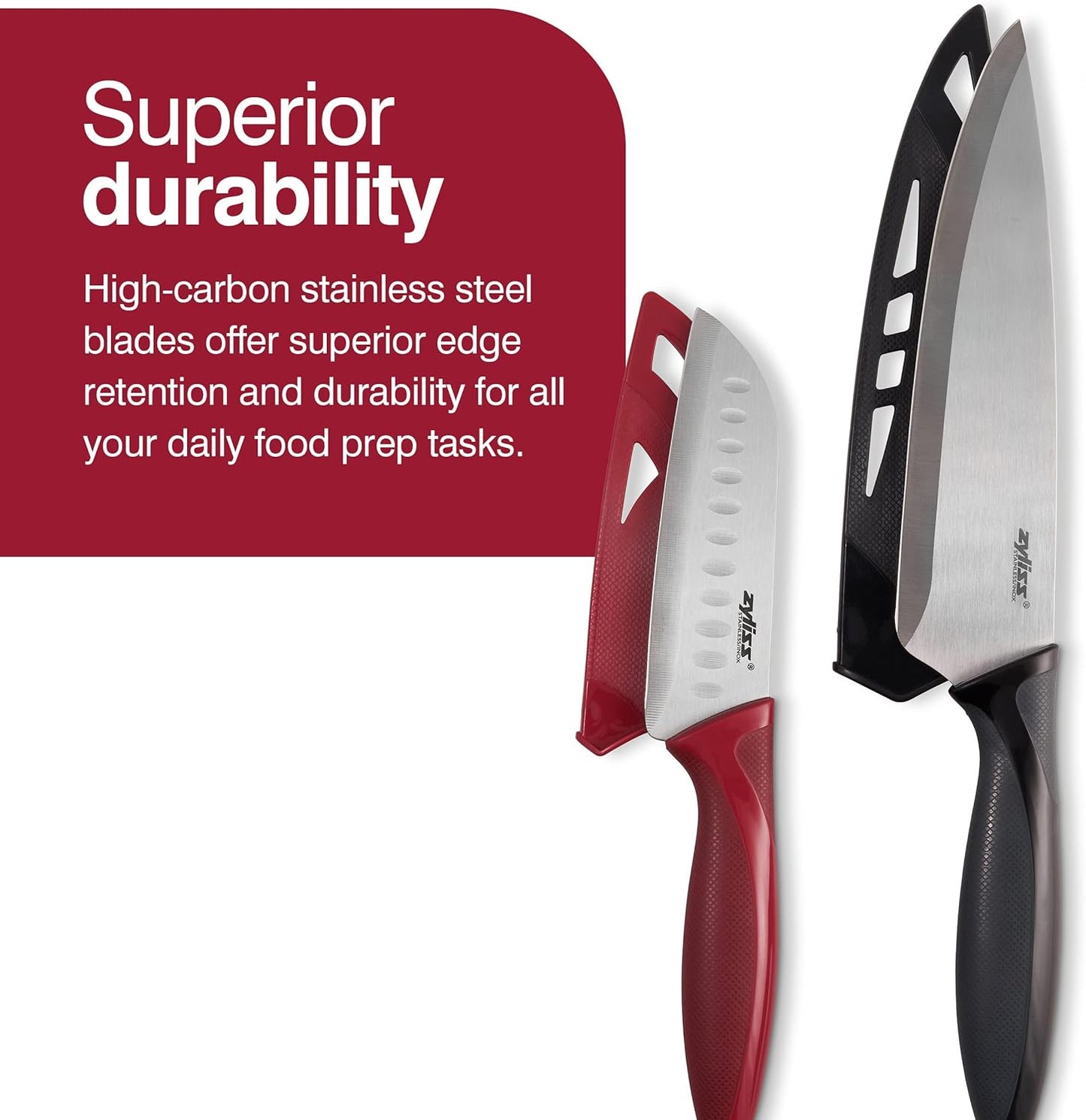 Zyliss Utility Kitchen Knives with Sheath Covers - Dishwasher Safe - Stainless Steel Kitchen Knives Perfect for Cutting Meat, Vegetables & Fruit - 2 Piece Santoku & Chef Set