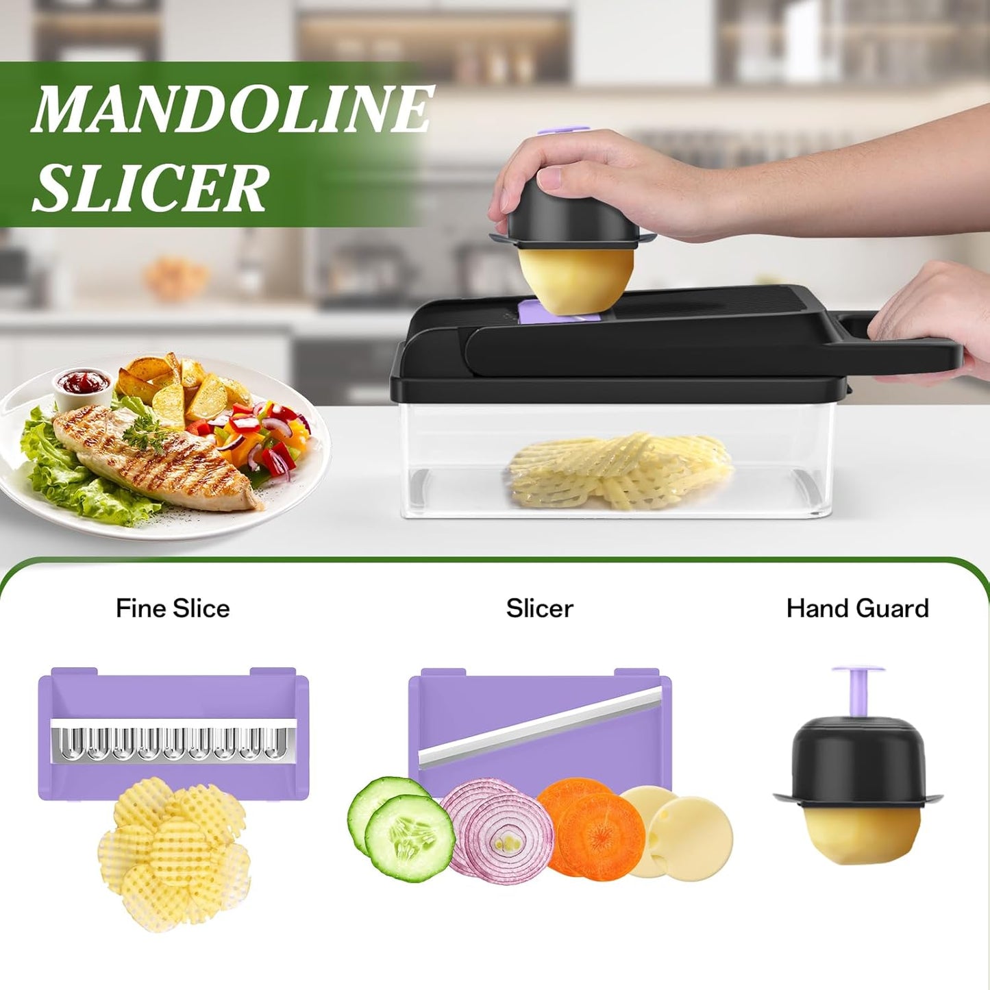 HomeHacks Vegetable Chopper Vegetable Cutter, 12 in 1 Kitchen Gadget, Dicer, Slicer, Onion Cutter, Salad, Cheese Grater & Egg Separator - Multi-Functional Veggie Chopper Lid with Handle (Purple)