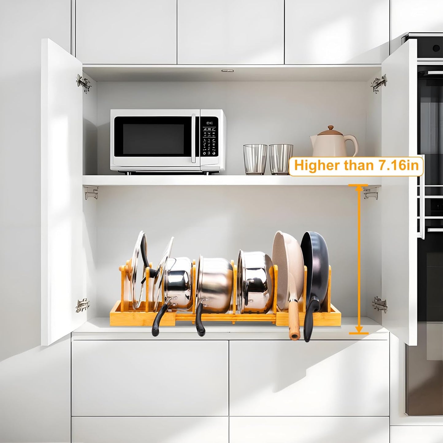 MinBoo Bamboo Expandable Pot Lid Organizer Pot Lid Holder, Pot and Pan Organizer Drawer Organizer for Pot Lids, Adjustable Dividers for Kitchen Cabinet Organizers and Storage,Small