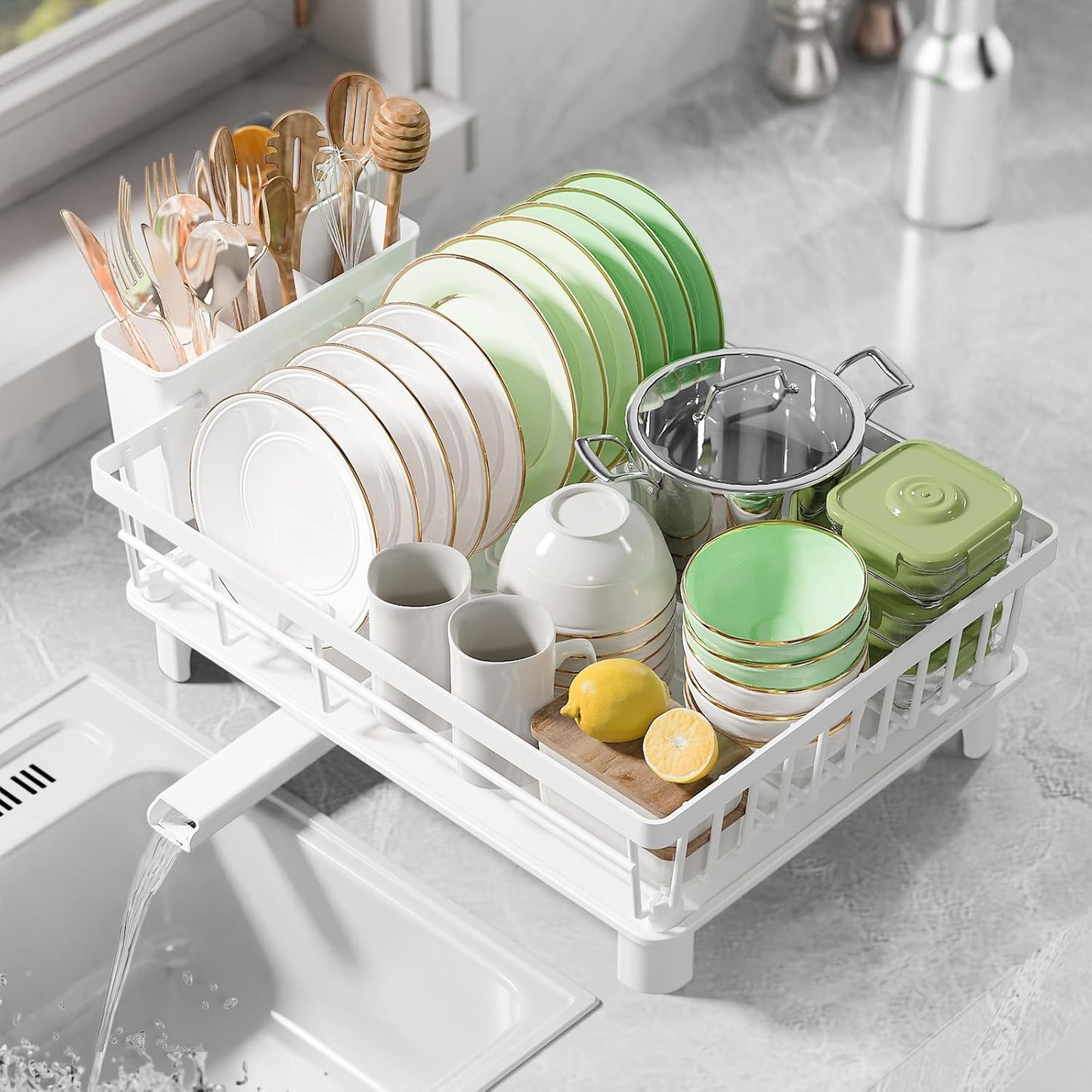 Dish Drying Rack, Stainless Steel Drainer Rack with Drainboard with Smart Drainage System, Space Saving Dish Strainer for Kitchen Counter with Cutlery Holder