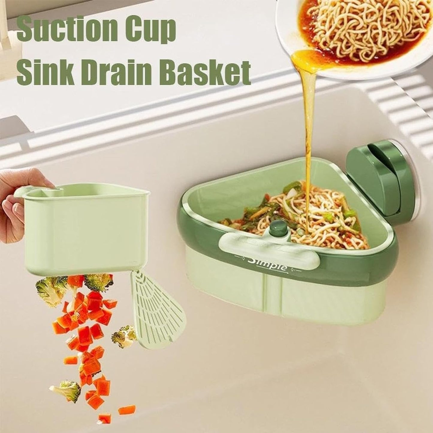 Suction Cup Sink Corner Rack, Curetoaway Corner Sink Strainer, Sink Trash Catcher, Plastic Triangular Baskets Corner Hanging, Rust Resistant, for Kitchen Food Waste (1Pcs Green)