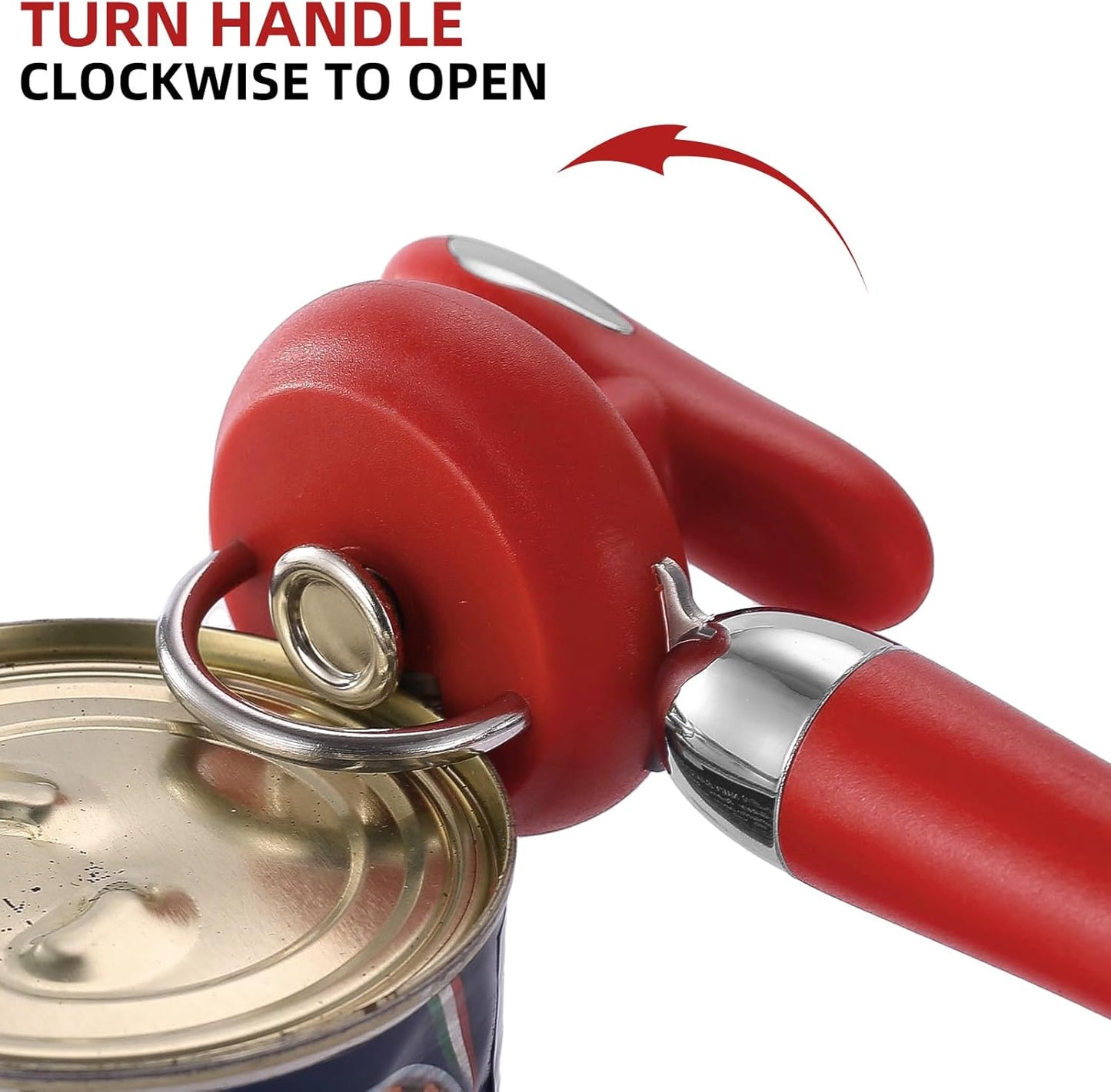 Can Opener Manual Tin Opener Stainless Steel Heavy Duty, Oversized Hand-held Easy Rotary Knob, Safe Cut Manual Can Opener with Non-Slip Handle, Smoother Cut Sharp Blade for Seniors Kitchen Tool, Red