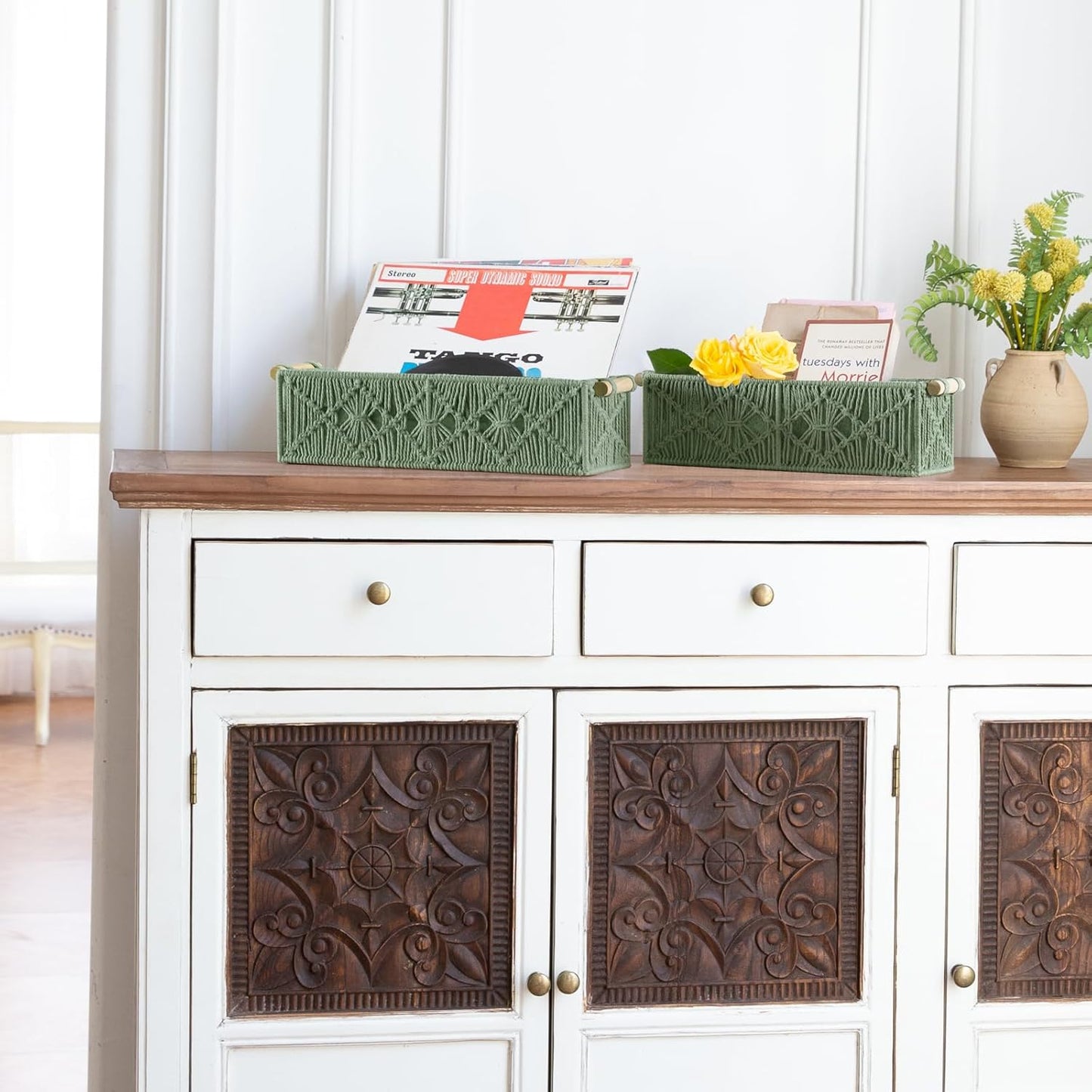 Mkono Macrame Storage Baskets Boho Decor Box Handmade Woven Decorative Countertop Toilet Tank Shelf Cabinet Organizer for Bedroom Livingroom Home, Set of 2, Green