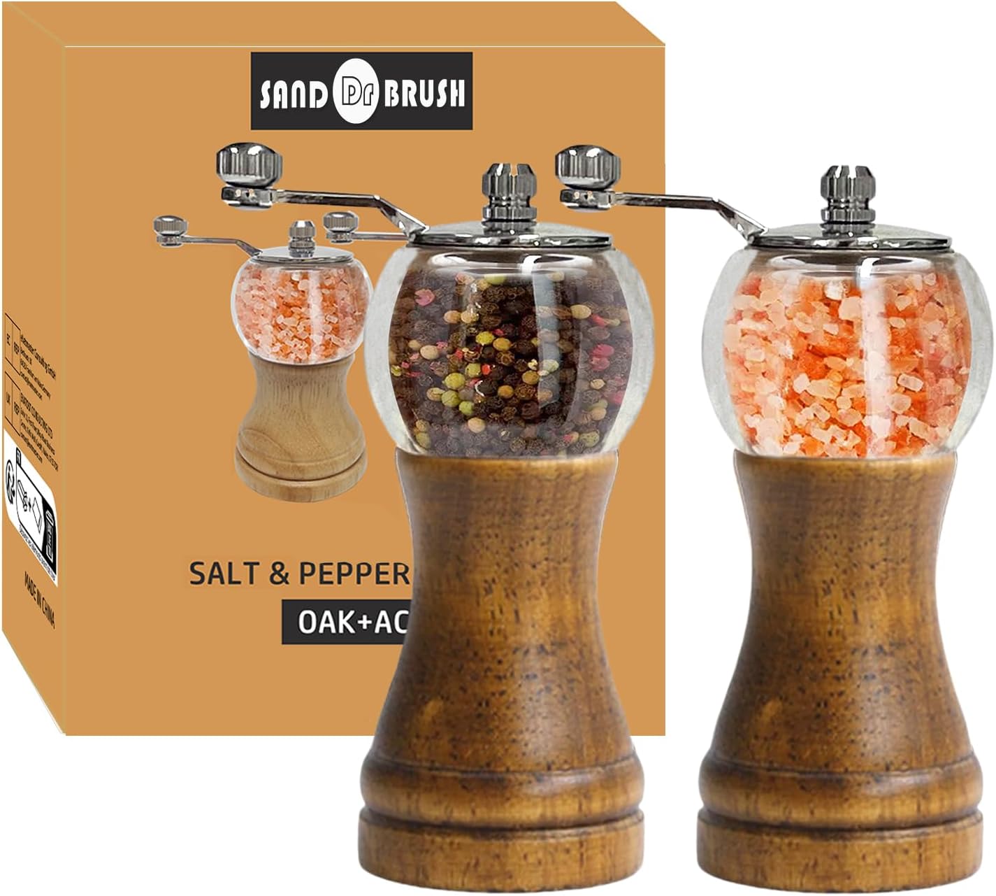 Pepper Grinder Set Classical Hand Shake Wood Manual Pepper Grinder, Setrefillable Wooden & Acrylic grinder,Ceramic Blades metal handle tools, Enjoy Fresh Ground Pepper Salts & spices 2PCS-6IN