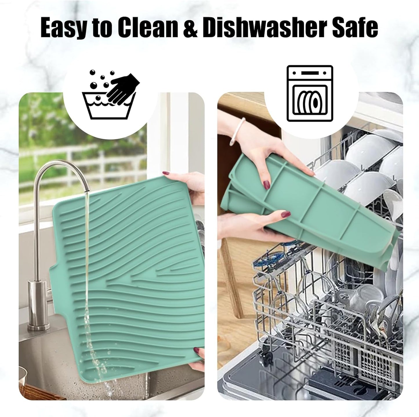 Dish Drying Mat, Stone Drying Mat for Kitchen Counter with Built-in Drain, Non-Slip Drying Matt Kitchen Counter, Heat Resistant Silicone Drying Mat, Dish Drying Pad, 2 Pcs(15.8"X 13", Mint)