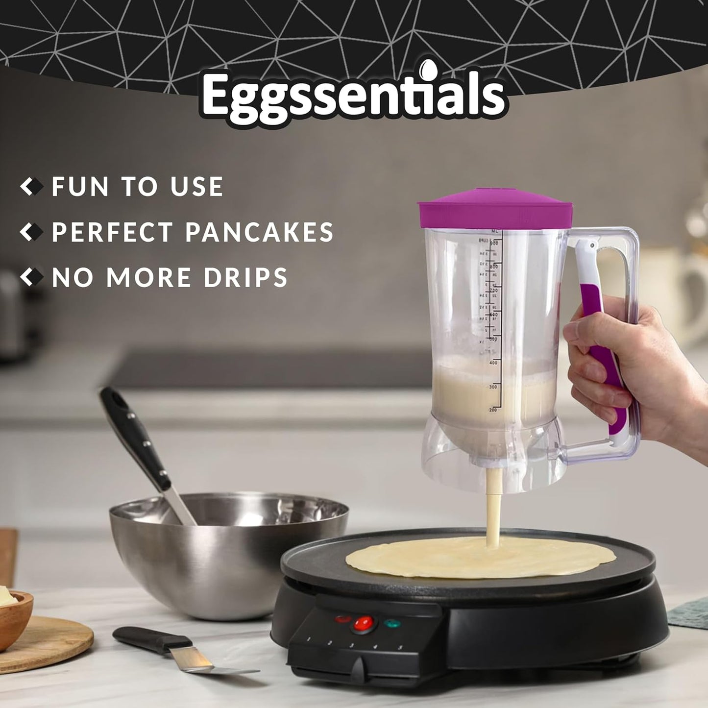 Eggssentials – Batter Dispenser Mess-Free, Squeeze Handle, Cupcakes, Waffles & More – Durable, Easy-Pour Pancake Dispenser Bottle for Smooth Baking