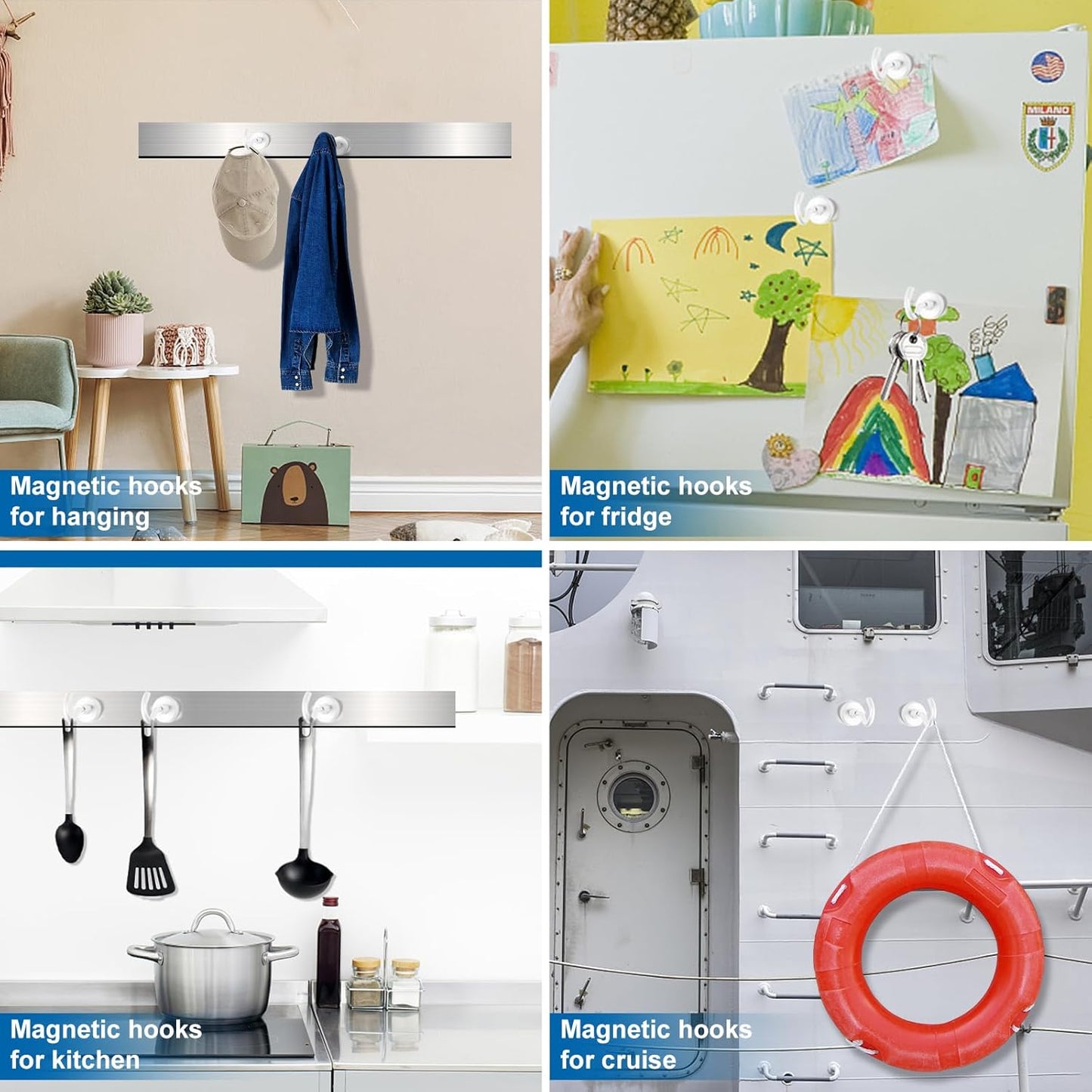 LOVIMAG Cruise Essentials, 80lbs Magnet Hooks for Cruise Cabin, Blue Magnets with Hooks for Hanging, Refrigerator,Ceiling,Strong Neodymium Magnets Heavy Duty for Kitchen, Garage,Home Improvement-4 Pcs