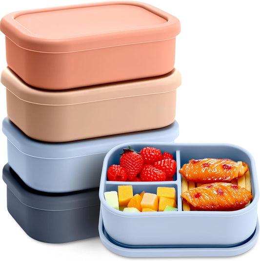 Honeydak 4 Pcs Silicone Bento Lunch Box 3 Compartment Reusable Leakproof Silicone Bento Lunch Container for Adults Microwave Dishwasher Freezer Safe(Grey,Blue,Khaki, Orange)
