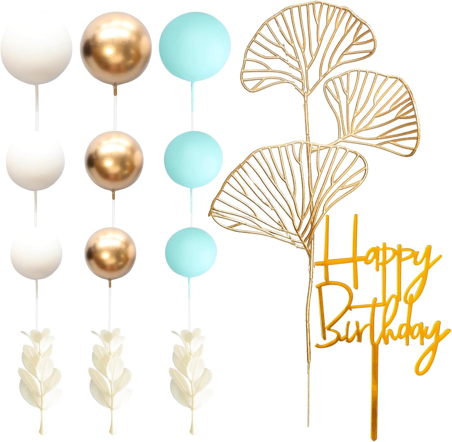 Gyufise 57Pcs Balls Cake Topper Boho Grass Cake topper Pearl Balls Acrylic Happy Birthday Cake Decorations for Wedding Baby Shower Birthday Boho Themed Party Supplies Light Blue