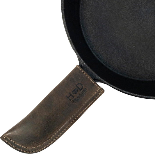 Hide & Drink, Full Grain Leather Hot Handle, Cast Iron Protector, Panhandle Potholder, Double Layered, Double Stitched, Slides On/Off Easily onto Metal Skillet Grips, Handmade, Espresso