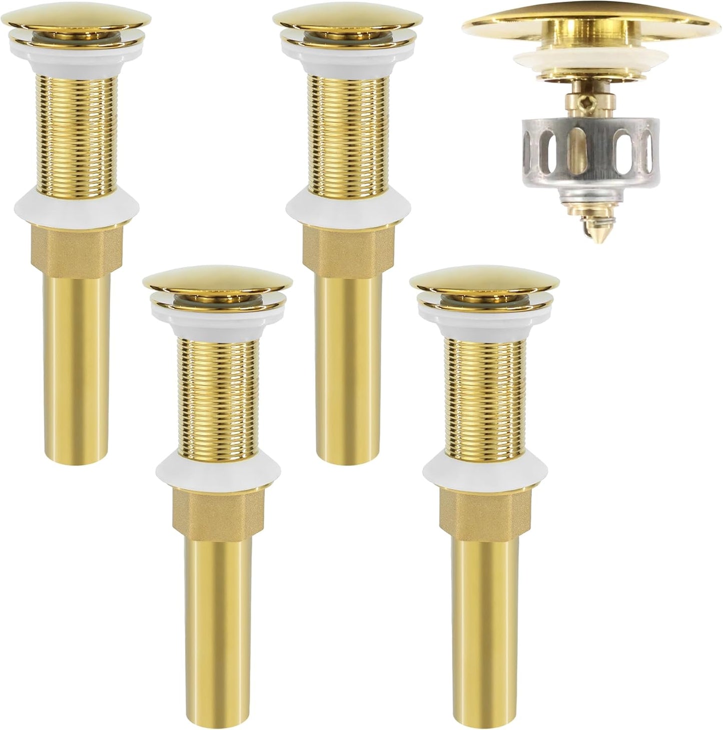 Bathroom Sink Drain, 4 Pack Gold Drain Stopper Without Overflow,Pop Up Drain Assembly Without Detachable Strainer Basket,Built-in Anti-Clogging Strainer,Stainless Steel