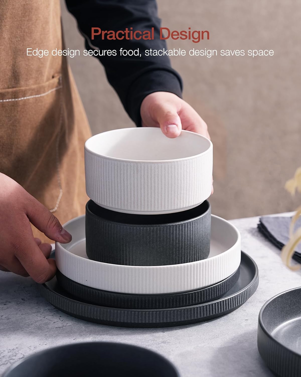 Famiware Star Dinnerware Set, Plates and Bowls Sets for 4 (12pcs), Ribbed Stoneware Dishes - Chip & Scratch Resistant, Microwave & Dishwasher Safe, Multicolor - Matte White & Matte Dark Charcoal