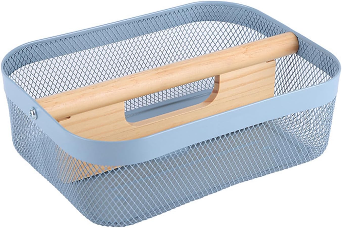 Metal Mesh Steel Storage Basket, Garden Harvest Wire Organizer Basket Multi-functional Kitchen Fruit Basket with Wooden Removable Partition & Handle for Bathroom Picnic Decor Cabinet, Blue