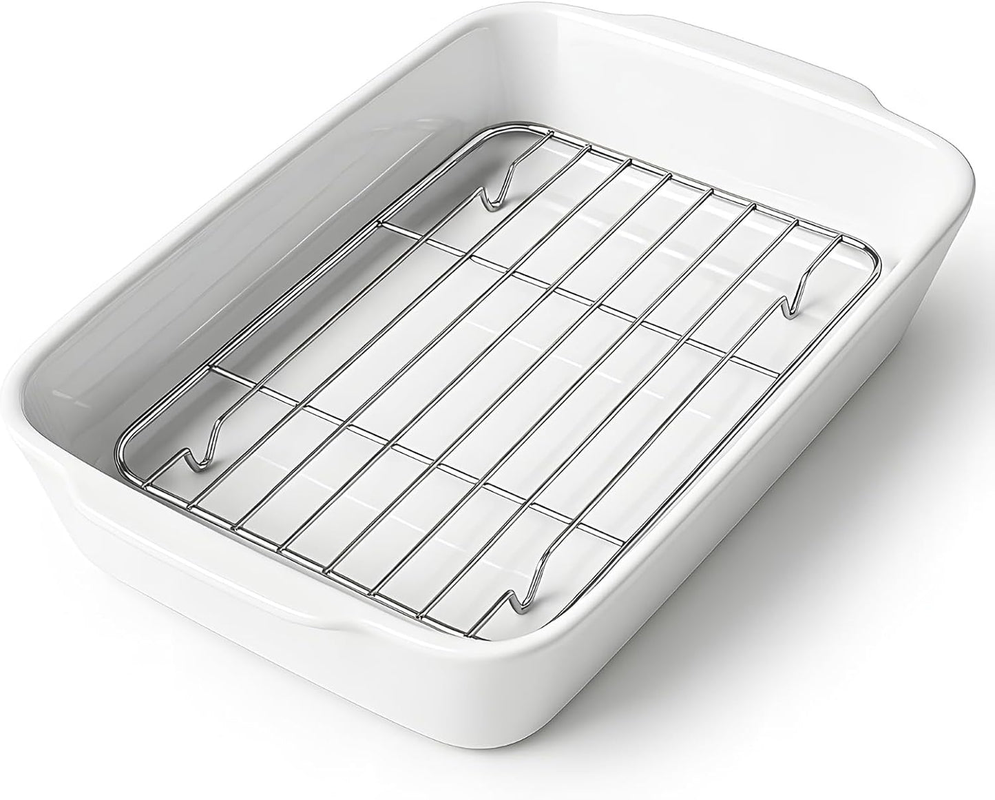 4.2 QT White Casserole Dishes for Oven, Baking dishes with Roasting Racks, Rectangular Lasagna Pan with Handles for Baking, Ceramic Baking Pan, Microwave Oven Safe