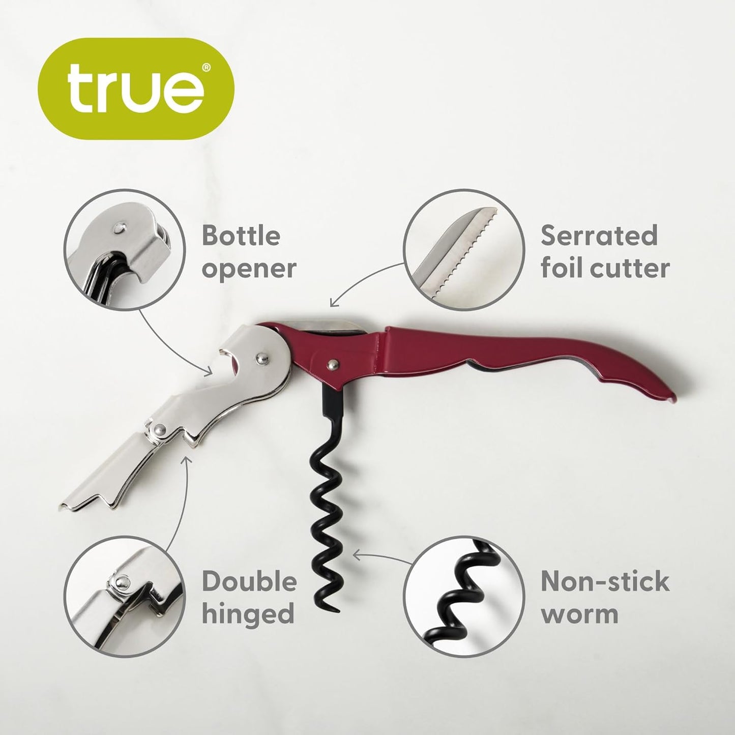 True Brands TrueTap Double Hinged Waiters Corkscrew, Top-notch Stainless Steel Opener with Foil Cutter Built to Last Wine Key Burgundy, Set of 1