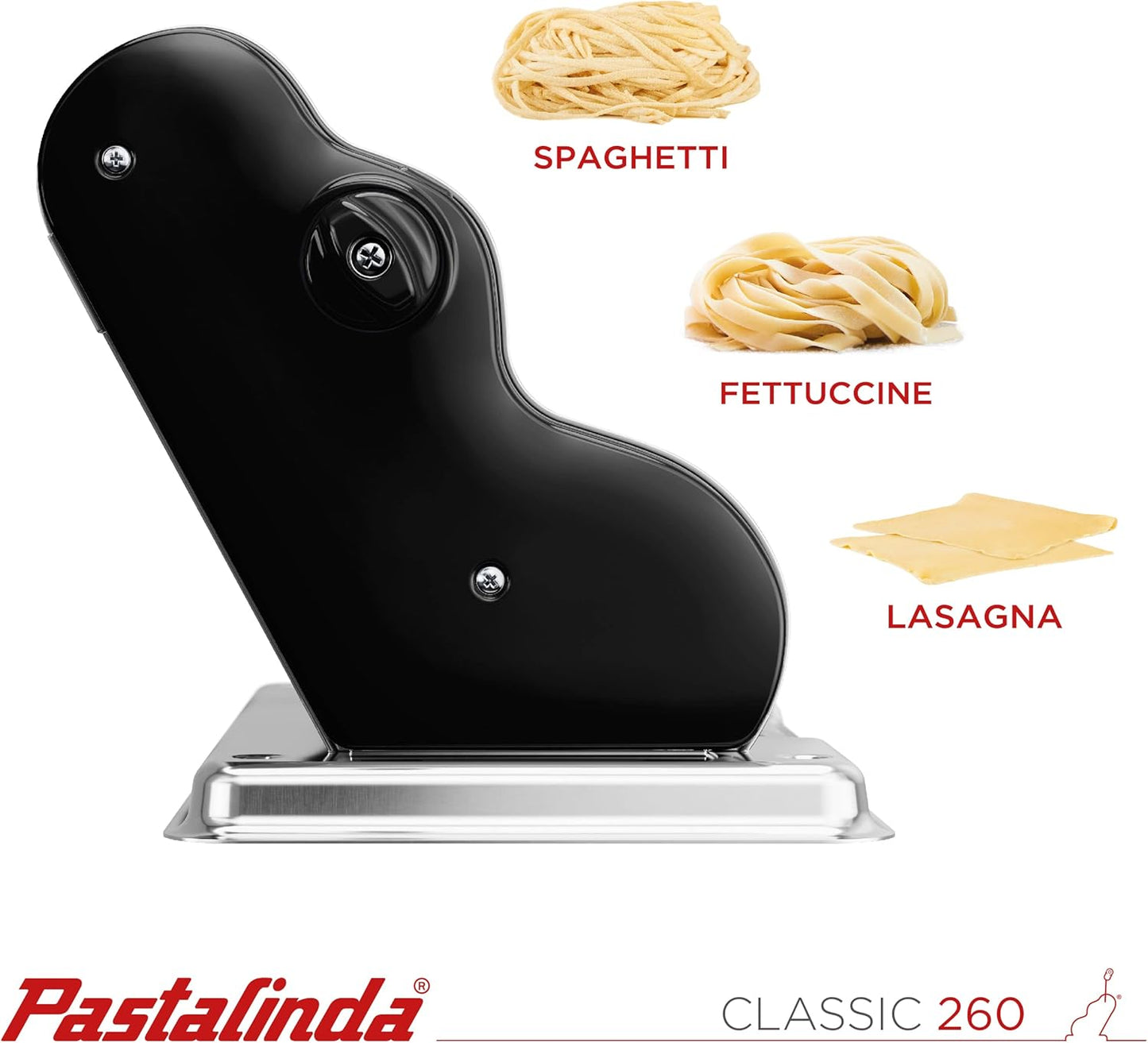 PASTALINDA Classic 260 Pasta Maker Machine, 26 cm Wide Rollers, 9 Thickness Positions, 2 Cutting Positions, Stainless Steel. Includes Reinforced Hand Crank And Two Clamps (Black)