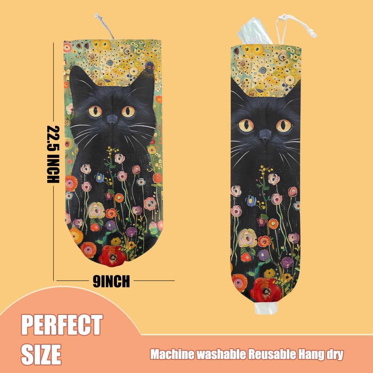 Flower Cat Plastic Bag Holder, Wall Mount Grocery Bag Holder, Plastic Storage bag, Pull Rope Free Adjustment, Plastic Bag Holders for Grocery Bags, Plastic Bag Dispenser for Home Kitchen Cabinet