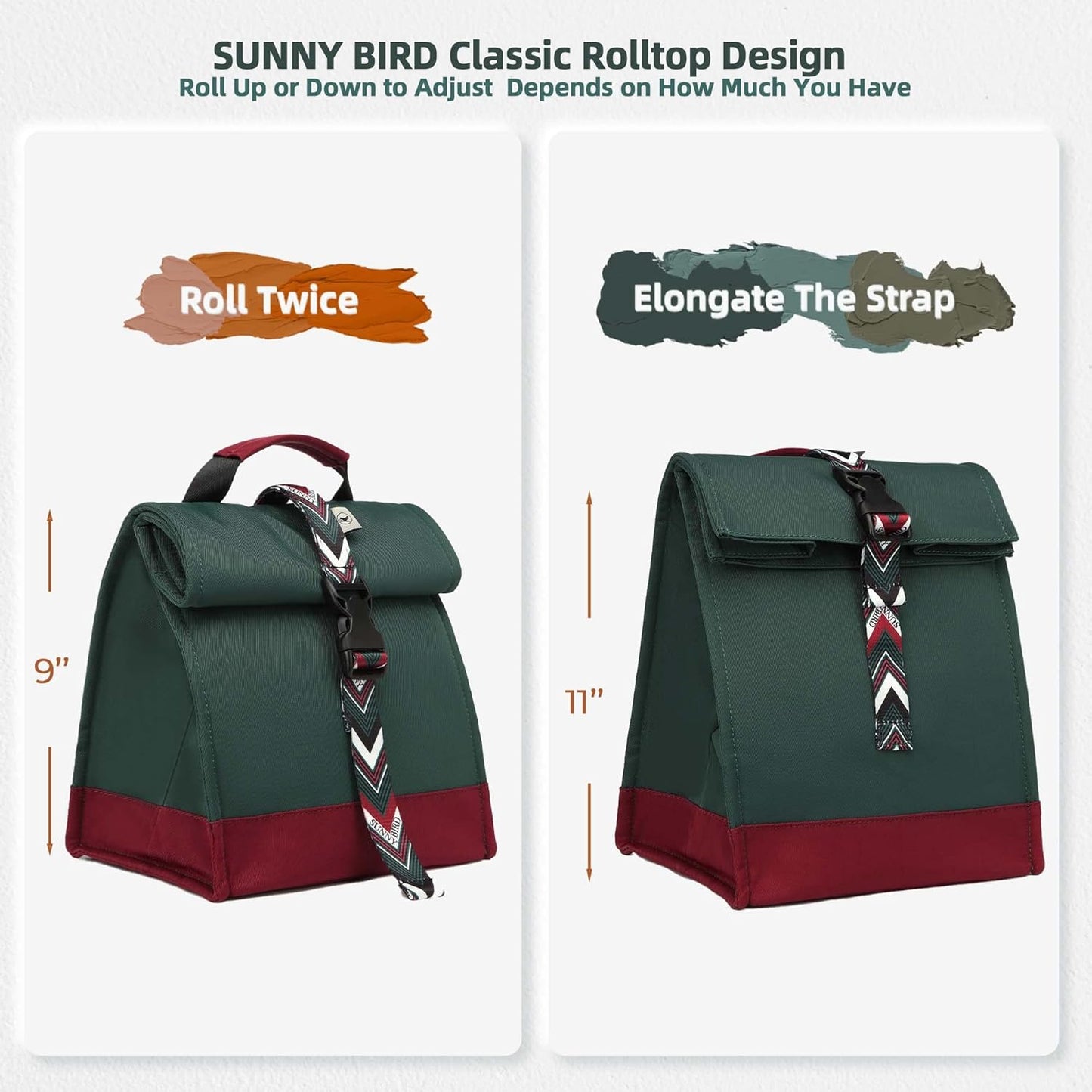 SUNNY BIRD Insulated Lunch Bag Rolltop Lunch Box Tote Bag for Women, Men, Adults and Teens (Green with Boho strap)