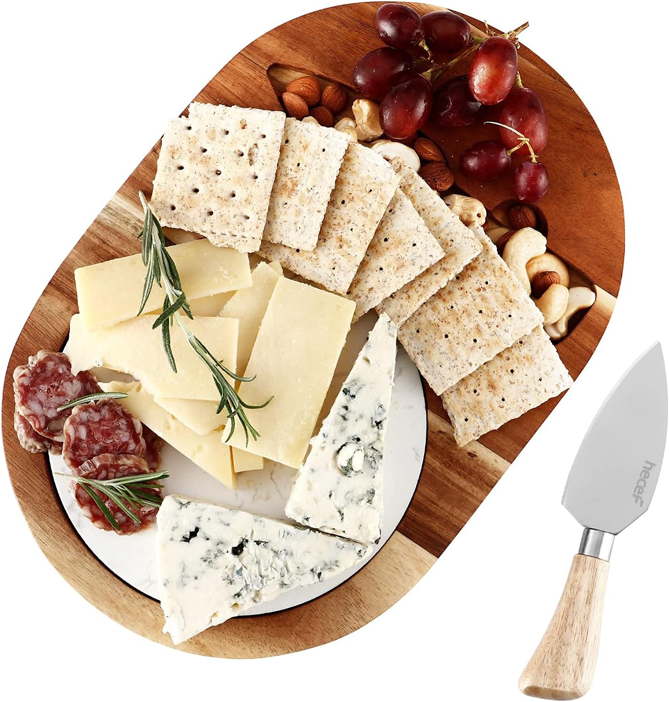 hecef Oval Wooden Cheese Board Set, Acacia Wood Cheese Serving Board with White Marble & Cheese Knife, Cheese Serving Tray for Cheese, Cake, Appetizers
