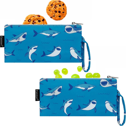 Reusable Sandwich Bag/Snack Bag for Kids & Adults, Dual Layer Lunch Bag with Handle, Washable, Food Safe, BPA Free (2-Pack, Shark)
