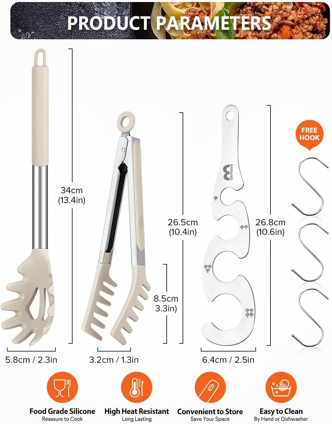 Silicone Spaghetti Spoon & Pasta Tong With Pasta Measurer, 3 Pack of Non-Stick Stainless Steel Handle Pasta Fork Set with Teeth, Food Clip for Easy Serving of Noodles (KHAKI)