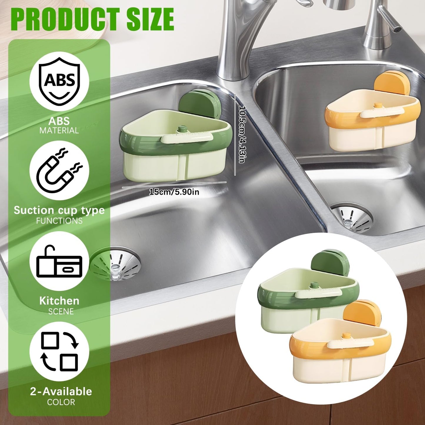 Suction Cup Sink Corner Rack, 2025 New Upgraded Suction Cup Press Triangular Drainer Basket, Automatic Dumping Sink Strainer Basket, Hanging Corner Sink Trash Catcher for Kitchen Food Waste (Green)