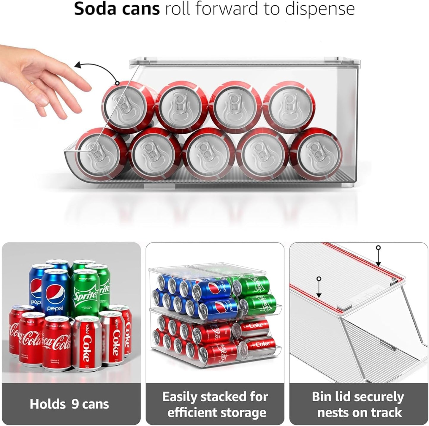 Sorbus Soda Can Organizer for Refrigerator - Stackable Can Holder Dispenser with Lid for Fridge, Pantry, Freezer – Holds 9 Cans Each, BPA-Free, Clear Design, Drink Organizer for Fridge (4-Pack)