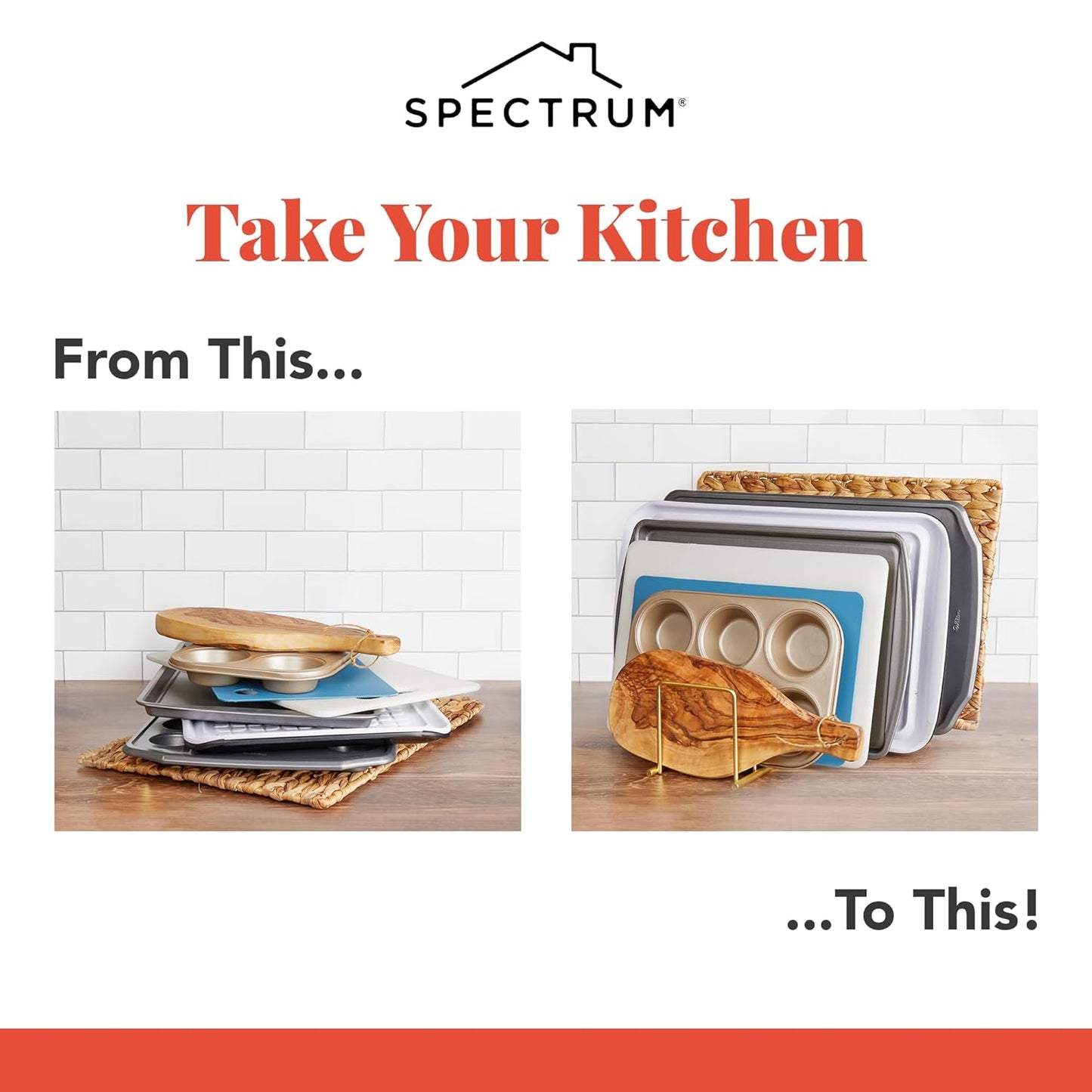 Spectrum Euro Cutting Board Holder Stand for Countertop or Inside Kitchen Cabinet Organization Gold, 8 Slot Cutting Board Drying Rack or Cabinet Plate Bakeware Storage Organizer