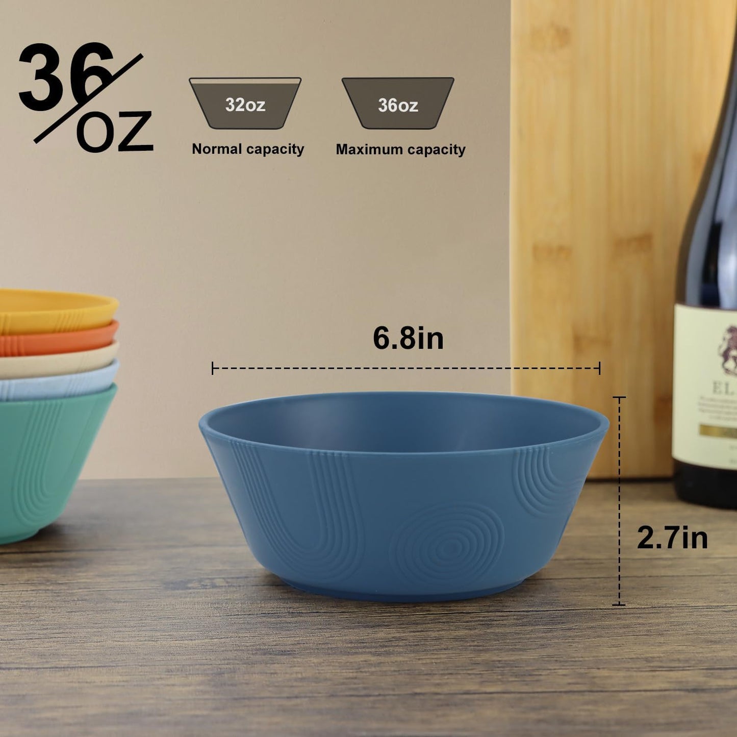 Wheat Straw Bowl Sets with Textured Pattern,6 PCS Unbreakable Cereal Bowl 36 OZ,Microwave and Dishwasher Safe Bowls, Alternative Plastic Bowls for Kitchen,Camping,Apartment and Dorm