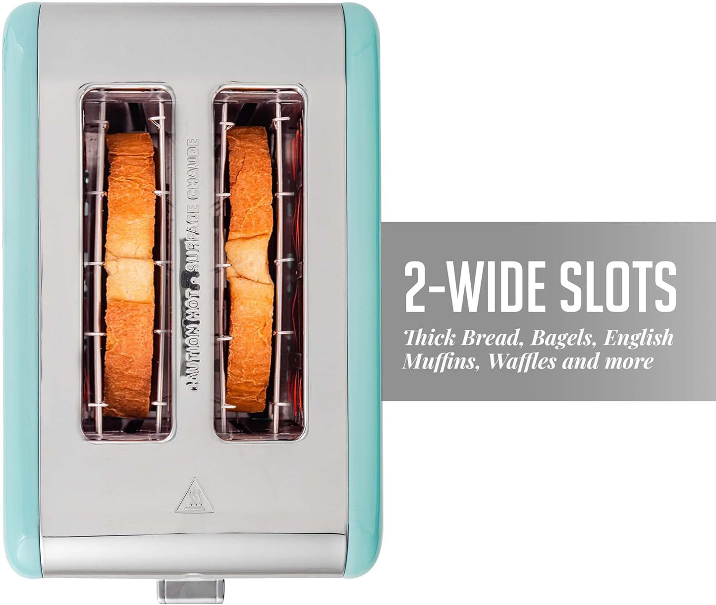 OVENTE Electric 2 Slice Toaster Machine with 6-Shade Browning Selector Setting, Cancel, Defrost, Bagel Buttons, Removable Crumb Tray and Extra Wide Slots for Toasting Breads & More, Turquoise TS2450T