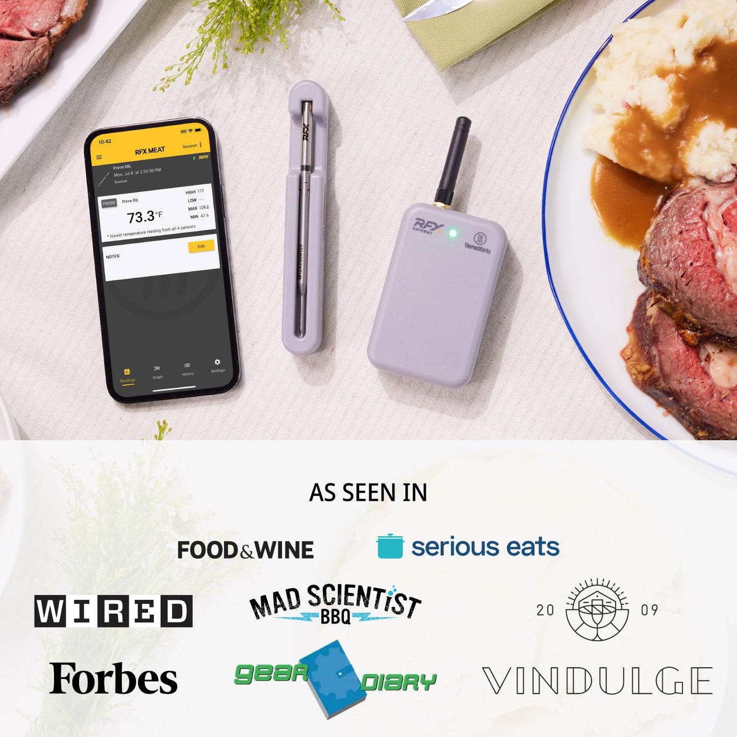 ThermoWorks RFX | Smart Wireless Meat Thermometer | Wi-Fi & Radio Frequency | Stronger Signal Than Bluetooth | Meat Probe for Use in Smoker, Grill, BBQ, Oven - 6-Probe Kit