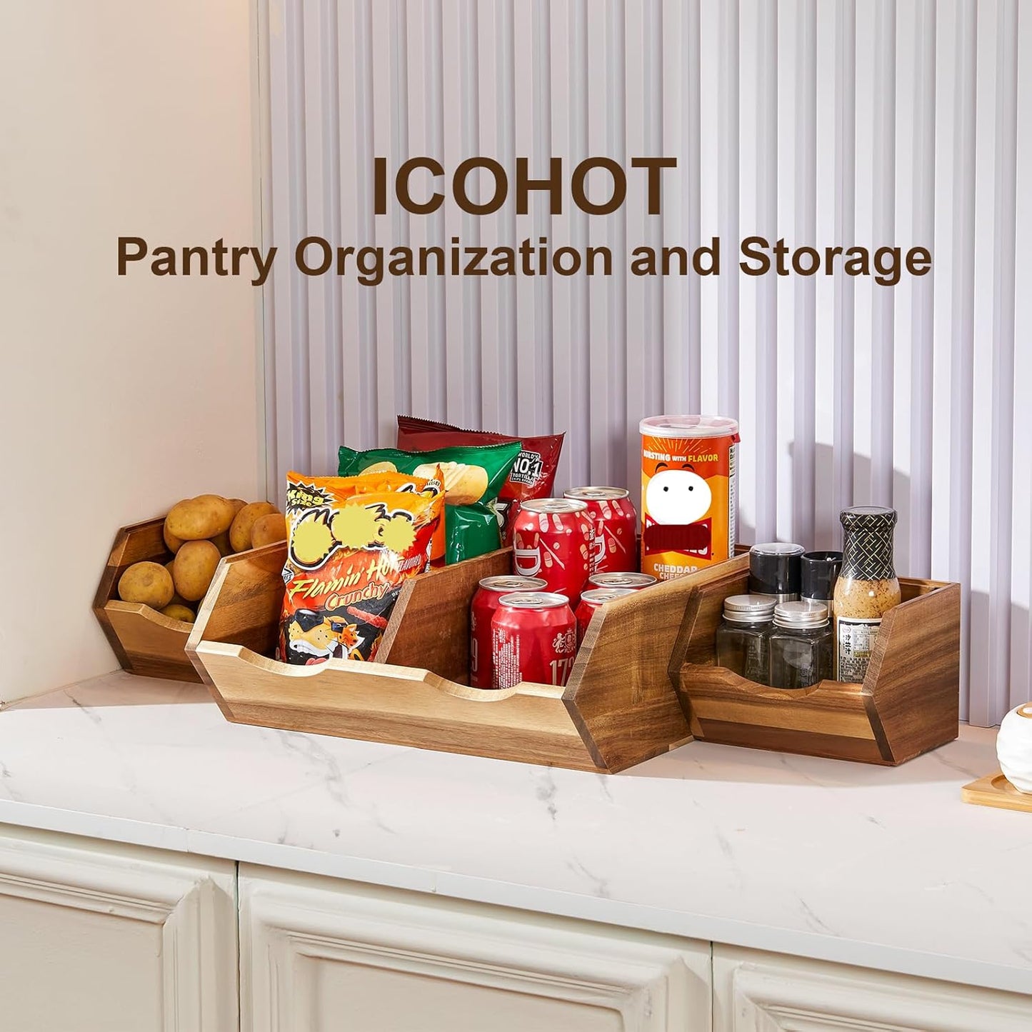 Acacia Wood Pantry Storage Bins, Stackable Storage Baskets Potato and Onion Storage Bins, Pantry Organizer Wooden Baskets Organization and Storage, Set 3 Pieces