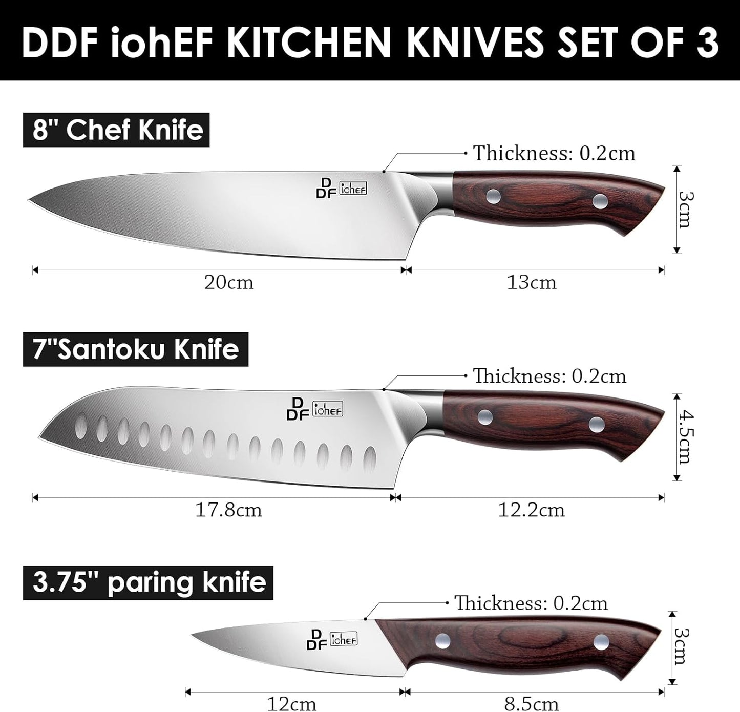 DDF iohEF Knife Set 3 Piece, Sharp Kitchen Knife Set Professional Chef Knife Set for Kitchen Japanese Stainless Steel Cooking Knives with Ergonomic Pakkawood Handle