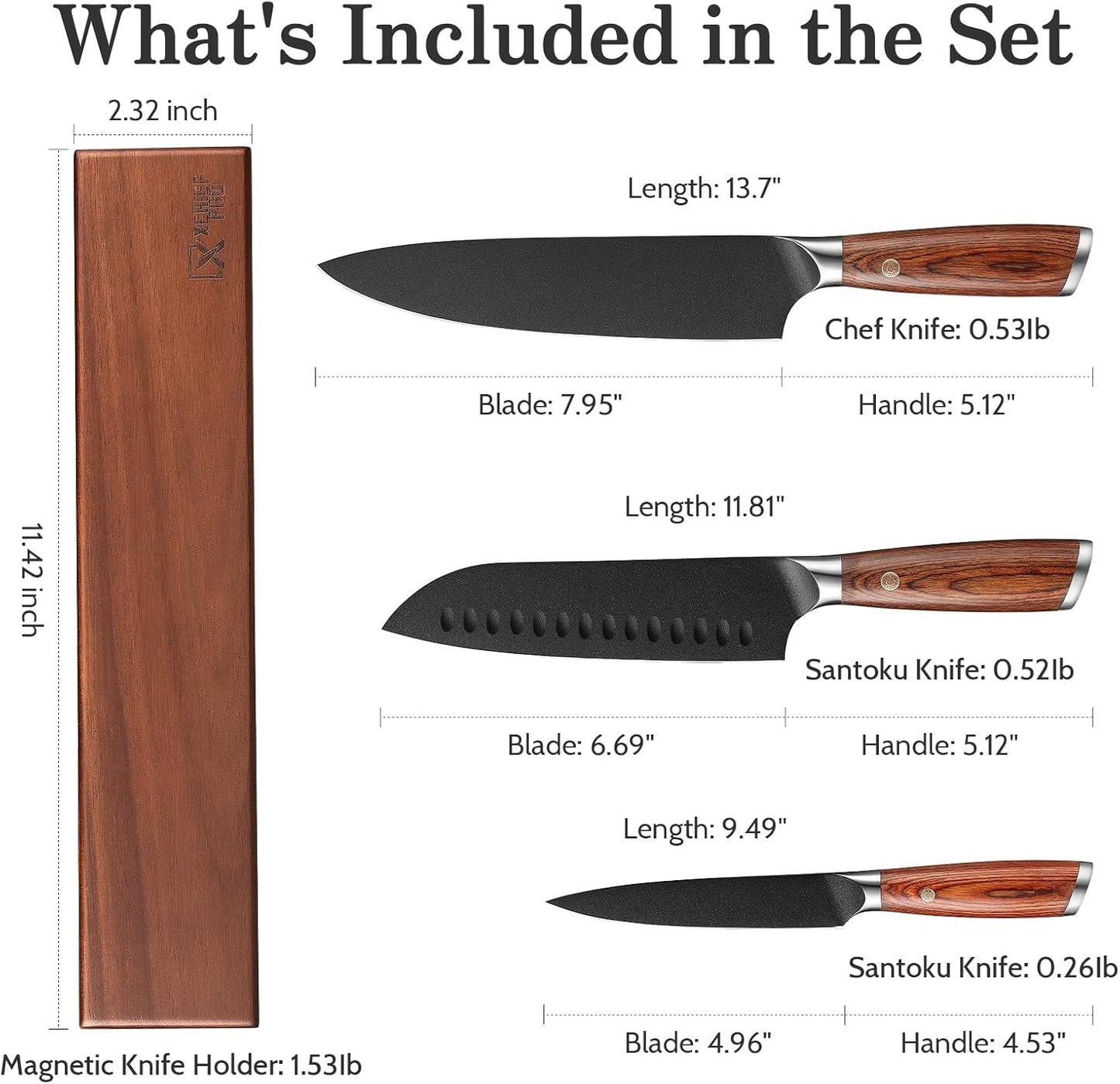 Kitchen Knife Set with Magnetic Holder, 4 Pieces Japanese High Carbon Stainless Steel Chef Cooking Knife Set, Ultra Sharp Professional Chef Santoku Utility Knives (Black)