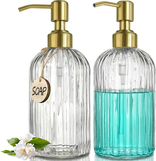 JASAI 2PACK 18Oz Fluted Glass Soap Dispenser with Golden Rust Proof Pump, Refillable Kitchen soap Dispenser with Vertical Stripe, Bathroom Soap Dispenser for Dispense Hand soap, Dish Soap, Lotion.