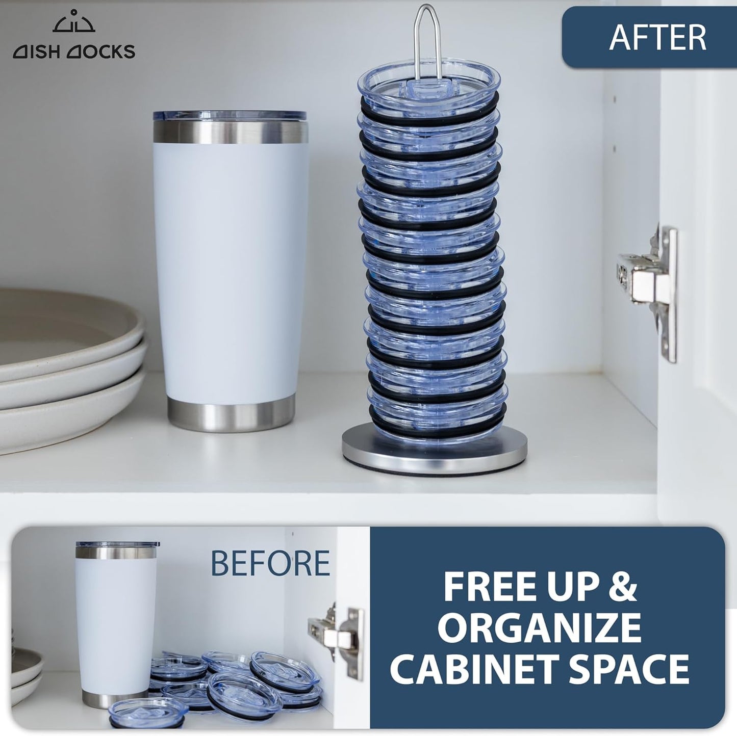Tumbler Lid Organizer for Cabinet & Countertop - Slim Space-Saving Lid Holder with 9" Sturdy Bar & Weighted, Non-Slip Base - Vertical Storage Cup Lid Organizer - Collapsible Lid Rack for 10 Lids