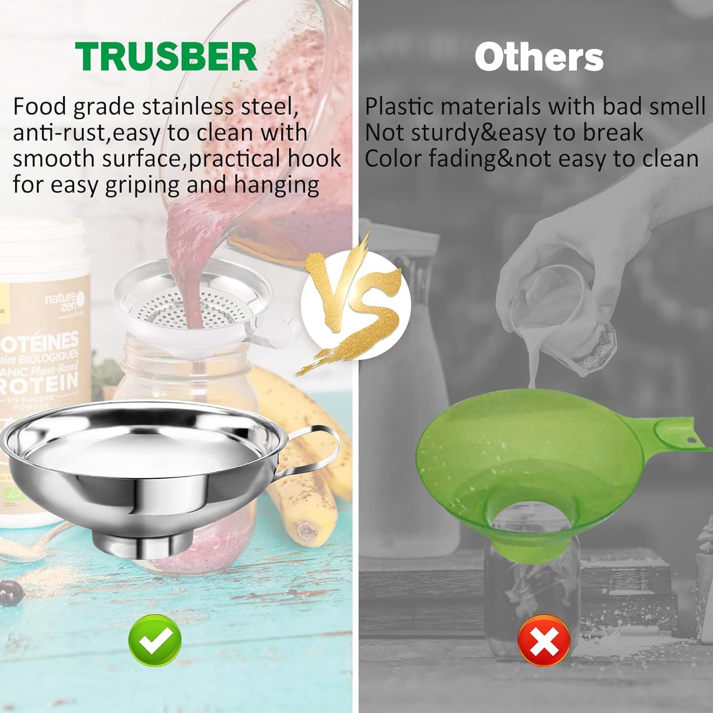 Canning Funnel with Strainer, Food Grade Funnel for Kitchen Use, Metal Large & Small Wide Mouth Funnels for Mason Jars, Stainless Steel & Dishwasher Safe