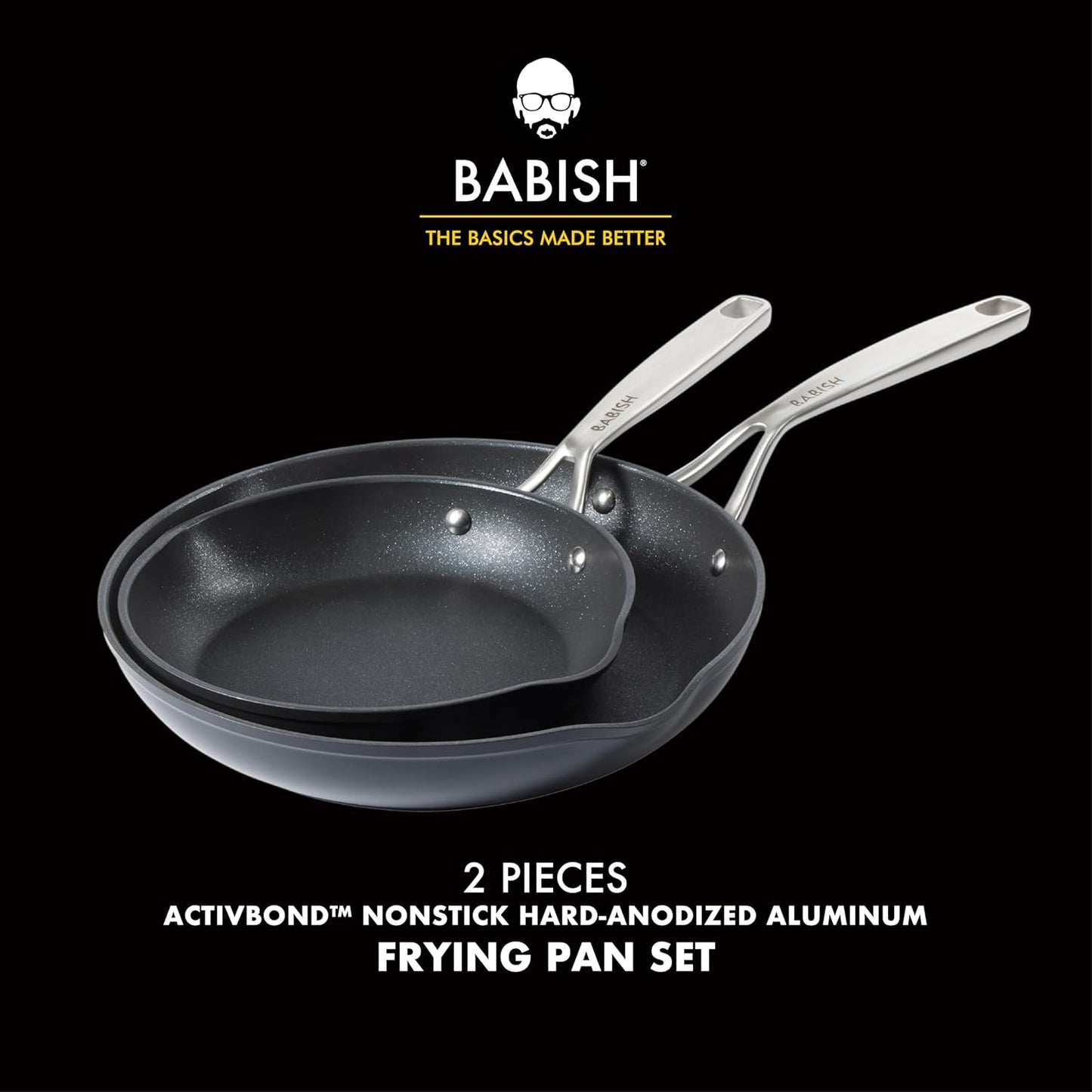 Babish 2 Piece 8 and 10 Inch Fry Pan Hard Anodized Laser Titanium Forever Non Stick Technology Durable Frying Pans Set - Black