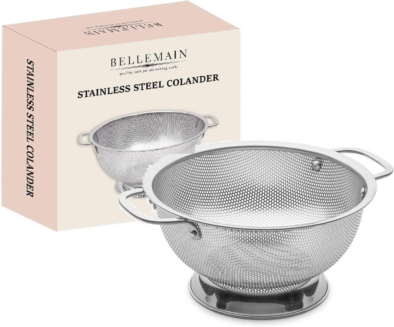 Bellemain 3 Qt Metal Colander with Handle | Pasta, Spaghetti, Berry, Fruit, Vegetable, Kitchen Food Strainer Basket | 18/8 Stainless Steel Colander Bowl | Pot Drainer for Cooking, Sifter Strainer